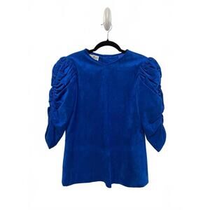 True Vintage Mollie Parnis Faux Suede Blue Ruched Sleeve Women's Blouse Size 6